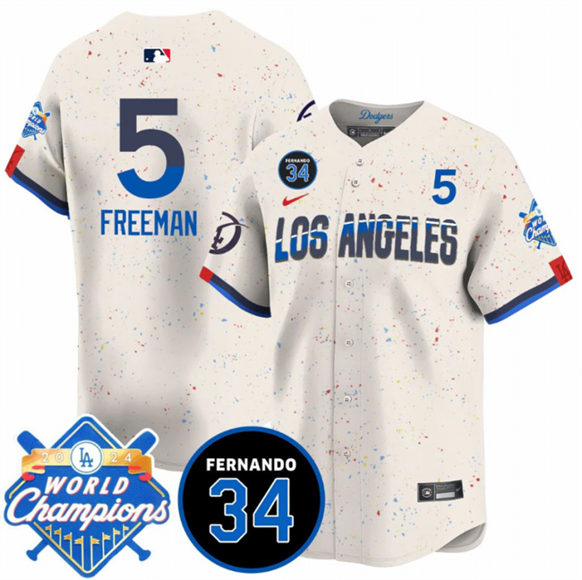 Men's Los Angeles Dodgers #5 Freddie Freeman Cream 2024 World Champions & Fernando Memorial Patch City Connect Vapor Premier Limited Stitched Baseball Jersey Men's Los Angeles Dodgers #5 Freddie Freeman Cream 2024 World Champions & Fernando Memorial Patch City Connect Vapor Premier Limited Stitched Baseball Jersey